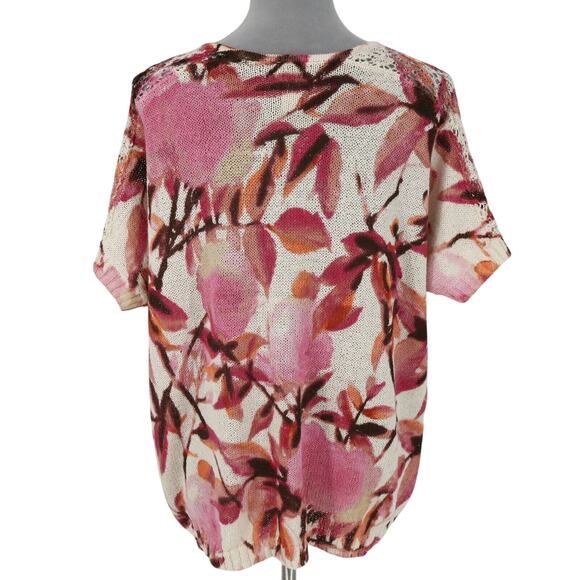 Chicos Sweater 2 Womens Large Ivory Pink Floral Cotton Knit Cap Sleeve Oversized - Picture 2 of 14